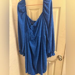 Blue Textured Long Sleeve Over Shoulder Dress NWT